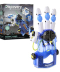 Hands On Wearable Robotic Hand Kit For Kids 87 Piece DIY STEM Project That Lets You Build A Real Hydraulic Hand Left Or Right Hand With Cyborg Tech And Engineering Fun For Boys And Girls Ages Eight Plus Gift, product box and blue hydraulic hand model