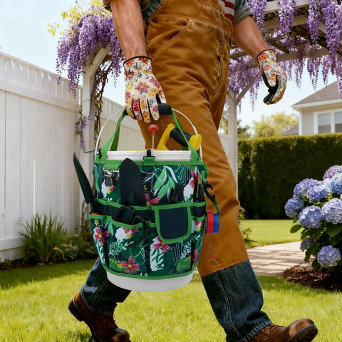 Gardener carrying a Five-Gallon Bucket Tool Organizer With 18 Pocket Garden Caddy And Hangable Handle For Easy Yard Cleanup.