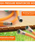 High-pressure reinforced hose with metal fittings, showing working pressure 60 kg/cm², range -5°C to 65°C on wooden surface