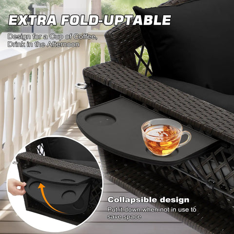 Collapsible cup holder of Wicker Hanging Porch Swing For Outdoor Patio 3 Seat Bench With Cushions And Chains Cup Holder Garden Yard Lawn Black Brown Rattan Weatherproof Steel Frame