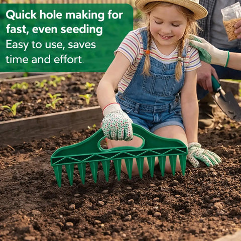 Child using Ultra Handy 12 Hole Digger Seed Spreader Kit in garden, green plastic tool for small seeds, easy grip handle.
