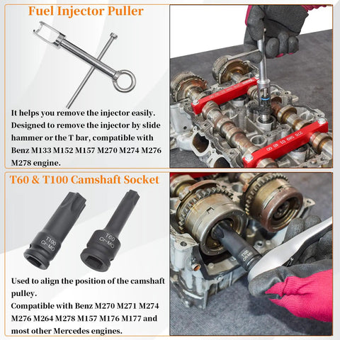 Pro Grade Engine Timing Locking Kit With 4 Camshaft Adjuster Tools, Fuel Injector Puller, T60 And T100 Sleeves, T60 Socket Application