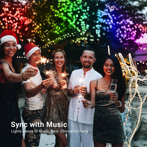 Group celebrating with Lit Color Changing RGB Christmas Lights 66 Feet 200 LED Outdoor Indoor String Lights With Music Sync