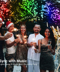 Group celebrating under 164 Ft 500 LED RGB Color Changing String Lights With Remote Dimmable Indoor Outdoor Fairy Lights