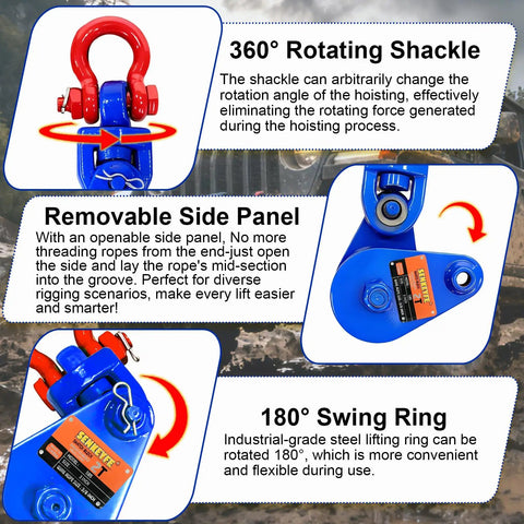 2 Ton Snatch Block Kit With G80 Chain And G70 Hook For Three Eighths Inch Wire Rope Beefy Heavy Duty Winch Gear For Flatbed Tow Trucks Rollback Wreckers Car Carriers Blue, 360° rotating shackle