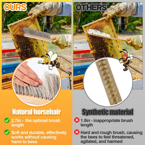 Comparison of beekeeping brush with natural horsehair and wooden handle vs synthetic material for hive cleaning effectiveness.