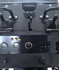 Control panel of 23 HP Mini Skid Steer Loader With Bucket And Pallet Forks For Garden And Yard Work Farm Jobs Parks Roads And Construction Sites EPA Gasoline Engine In Stock USA Ready For Any Jobsite with dual levers and gauges.
