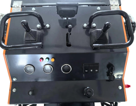 Control panel of 23 HP Mini Skid Steer Loader With Bucket And Pallet Forks For Garden And Yard Work Farm Jobs Parks Roads And Construction Sites EPA Gasoline Engine In Stock USA Ready For Any Jobsite with dual levers and gauges.