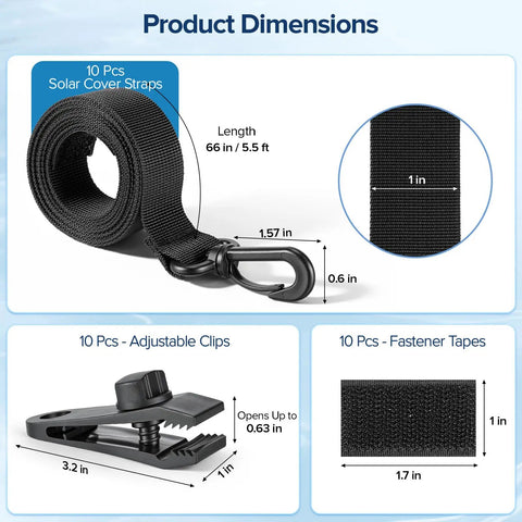 Heavy Duty Universal Pool Solar Cover Strap Kit Ten Sets with 66 inch straps, clips, and fastener tapes for secure blanket anchoring.