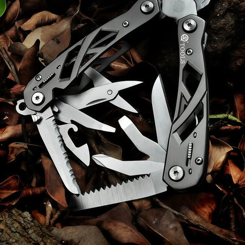 Everyday Carry 15 In 1 EDC Multitool Pliers with hollow skeleton design, showing blade, saw, scissors, and multifunction tools