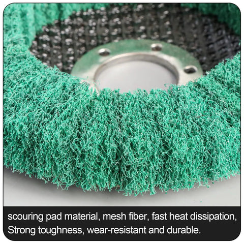 Close-up of green Nylon Fiber Flap Disc Polishing Wheel For Angle Grinder 4.5 Inch By 7/8 Inch Dry Sanding Grinding Stainless Steel Metal Finishing