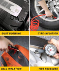 16 Piece Air Compressor Accessory Kit With One Quarter Inch Recoil Polyurethane Air Hose 23 Foot, Blow Gun And Fittings, shown in use for dust blowing, tire and ball inflation, and tire pressure measurement.