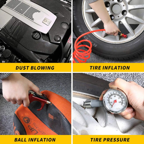 16 Piece Air Compressor Accessory Kit With One Quarter Inch Recoil Polyurethane Air Hose 23 Foot, Blow Gun And Fittings, shown in use for dust blowing, tire and ball inflation, and tire pressure measurement.