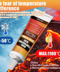 WANJAO 100ml wood stove gasket cement tube, front view with white cap, against icy blue and lava background.