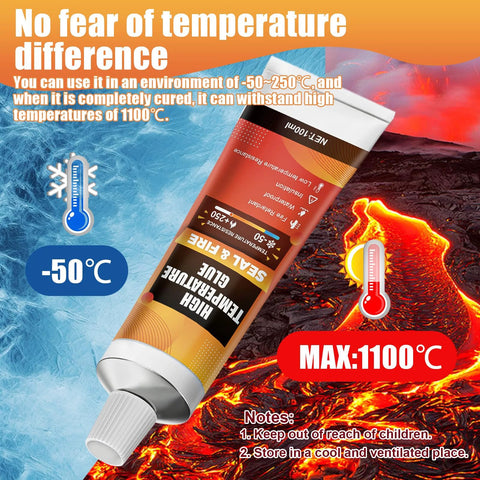 WANJAO 100ml wood stove gasket cement tube, front view with white cap, against icy blue and lava background.