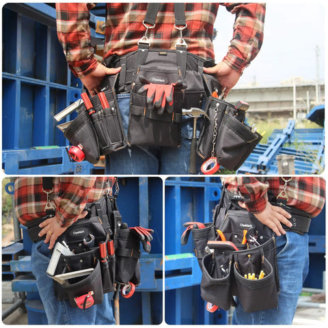 16 Pocket Tool Belt With Suspenders Large Capacity Detachable Pouches And Back Support For Electricians Carpenters Construction Pros Handymen With 2 Hammer Holders And Tape Holder Chain 7 Detachable Components