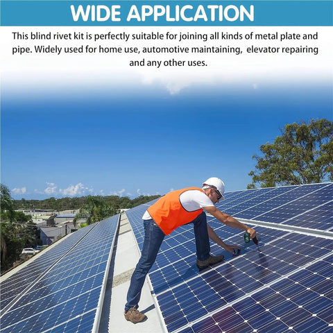Technician on solar panels illustrating 500 Piece Black Pop Rivet Kit With 14 SAE Aluminum Blind Rivets, Assorted Sizes for projects