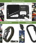 All In One 22 In 1 Survival Kit For Men Your Go To Emergency Gear For Camping Hiking Hunting Disaster Prep Tactical SOS Readiness Waterproof Case Outdoor Adventure Essentials, showing multifunctional card tool, survival bracelet, and carabiner.