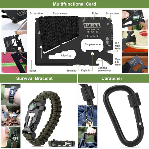 All In One 22 In 1 Survival Kit For Men Your Go To Emergency Gear For Camping Hiking Hunting Disaster Prep Tactical SOS Readiness Waterproof Case Outdoor Adventure Essentials, showing multifunctional card tool, survival bracelet, and carabiner.