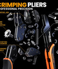 Detailed view of disassembled crimping pliers with labeled parts; ergonomic handle, tension spring, pivot pin, black and orange design.