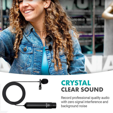 Pro Grade Lavalier Microphone Kit With 12mm Capsule featuring clip and windscreen displayed next to a woman in a denim jacket.