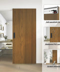 Slick Concealed Sliding Barn Door With Hella Soft Close Hardware Kit And Invisible Rail System For Badass Smooth Gliding Action Heavy Brown Wood Slab Solid Aluminum Frame For Tight Spaces, 36 x 84 inches, soft close mechanism visible.