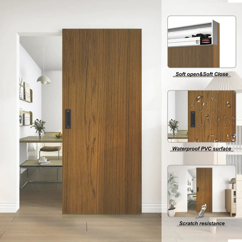 Slick Concealed Sliding Barn Door With Hella Soft Close Hardware Kit And Invisible Rail System For Badass Smooth Gliding Action Heavy Brown Wood Slab Solid Aluminum Frame For Tight Spaces, 36 x 84 inches, soft close mechanism visible.