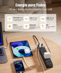 Mountable Power Strip With USB C And USB A Ports Surge Protector 10 In One Charging Hub on table with connected devices
