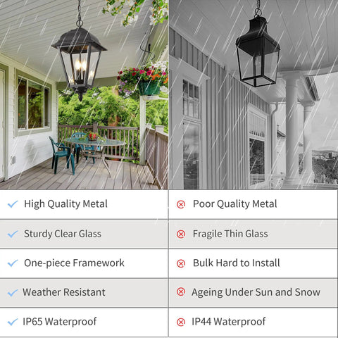 Large Outdoor Pendant Light With Two Lights, 13 Inch Tall Modern Black Exterior Hanging Fixture With Clear Glass, Weatherproof IP65 Rated, Anti Rust Outdoor Ceiling Mount Chandelier For Porch Farmhouse Entryway