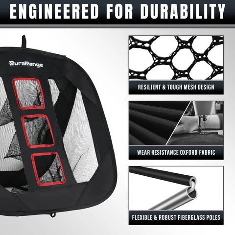 Ultimate Pop Up Golf Chipping Net Set for Portable Practice, showcasing mesh design, oxford fabric, and fiberglass poles