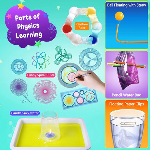 Various physics learning experiments from 111 Experiments Science Kit For Kids With Chemistry Set STEM Toys For Boys And Girls.