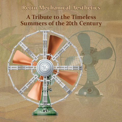 Retro Buildable Desk Fan Model For Adults Dope Green Display Piece With Motorized Oscillation, bronze blades, and realistic grille