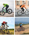 Cyclists using different bikes on varied terrains demonstrating the versatility of the 11 Piece Bike Headset Spacer Set With Aluminum Alloy And Carbon Fiber, Includes 2 3 5 10 15 20 Mm Sizes, 1 1/8 Inch Fork, Threadless Compatible, Great For MTB Road BMX And Folding Bikes, Durable Lightweight And Easy Install.