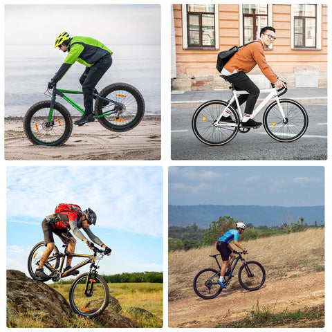 Cyclists using different bikes on varied terrains demonstrating the versatility of the 11 Piece Bike Headset Spacer Set With Aluminum Alloy And Carbon Fiber, Includes 2 3 5 10 15 20 Mm Sizes, 1 1/8 Inch Fork, Threadless Compatible, Great For MTB Road BMX And Folding Bikes, Durable Lightweight And Easy Install.