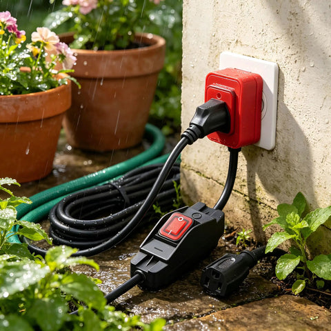 Heavy Duty 3 Prong Extension Cord Built Solid With Real 14 AWG Cable 6.6 Ft Black Wire Works Like A Charm On Power Tools And Home Gear Plus Inline Switch, plugged in outdoors with water droplets.