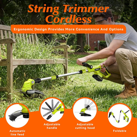 Man using 20V Cordless Weed Wacker Edger With Dual 2.0Ah Batteries And Charger, 12 Inch Lightweight String Trimmer For Small Yards