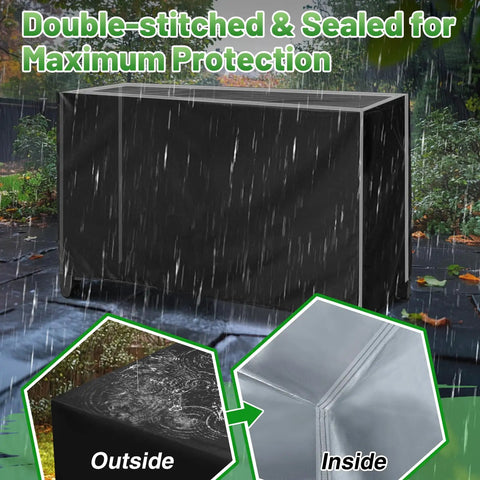 Heavy Duty Outdoor Grill Cart Cover For 54 Inch Table Fits Keter Unity XL in rain highlighting double-stitched protection.