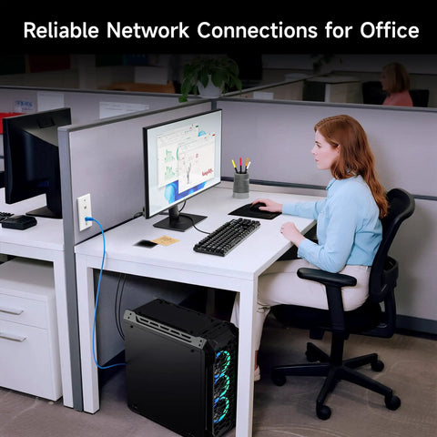Office setup with Heavy-Duty Cat6 Keystone Jacks 50-Pack For 10Gbps Ethernet RJ45 Mod Jacks White connected to computer