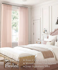 Light Pink Linen Curtains 108 Inch Long, 2 Panels, Pinch Pleat, Semi Sheer Light Filtering For Nursery Baby Girls Bedroom, Dusty Blush Drapes, 350GSM Linen Blend For Living Room Cozy Modern Drapes hanging in elegant bedroom.