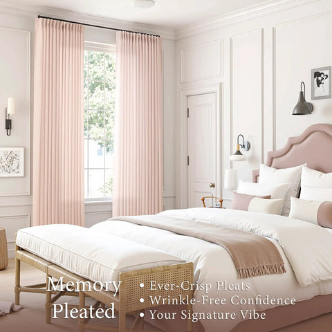 Light Pink Linen Curtains 108 Inch Long, 2 Panels, Pinch Pleat, Semi Sheer Light Filtering For Nursery Baby Girls Bedroom, Dusty Blush Drapes, 350GSM Linen Blend For Living Room Cozy Modern Drapes hanging in elegant bedroom.