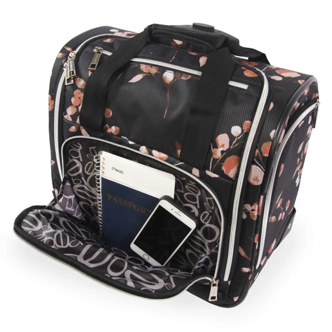Valentina Underseat Wheeled Carry On Luggage With Floral Branch Design showing front pocket open with notebook and passport