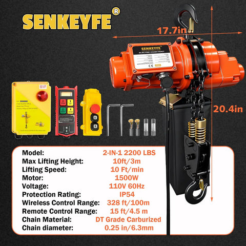 Beefy 2 In 1 Electric Chain Hoist With 2200 Lbs Pull Capacity And 20 Ft Lift Featuring Industrial Grade G80 Steel Chain for lifting.