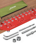 Handy Dual Function Shelf Pin And Hinge Jig 2 In 1 With 11 Hole Template One Quarter Inch And Five Millimeter Shelf Pin Drilling Guide on wood