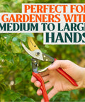 Person using Pro Grade 8.75 Inch Titanium Bypass Pruning Shears For Gardening to trim green branches, showing ergonomic grip.