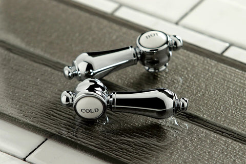 Handles of Widespread Lavatory Faucet With Brass Pop Up No Drip Ceramic Disc, Polished Chrome Finish on tile surface