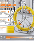 Fiberglass Fish Tape 656 Feet One Quarter Inch Duct Rodder Wire Puller Non Conductive Cable Running Rod With Pro Grade Heavy Duty Steel Reel Stand Minimum Thirteen Inch Bending Radius For Wall And Electrical Conduit Fishing Tool on steel reel with yellow cable