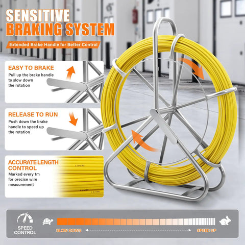 Fiberglass Fish Tape 656 Feet One Quarter Inch Duct Rodder Wire Puller Non Conductive Cable Running Rod With Pro Grade Heavy Duty Steel Reel Stand Minimum Thirteen Inch Bending Radius For Wall And Electrical Conduit Fishing Tool on steel reel with yellow cable