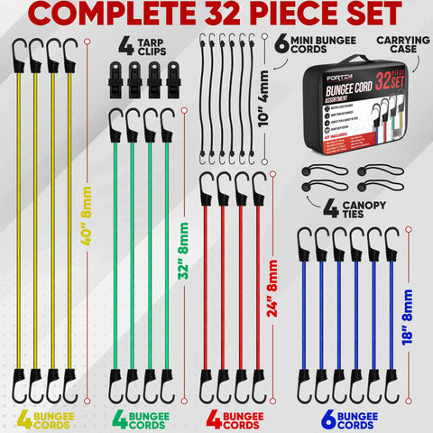 Complete 32 piece set of all purpose bungee cord set 32 pack with assorted length cords and canopy tarp ball ties.