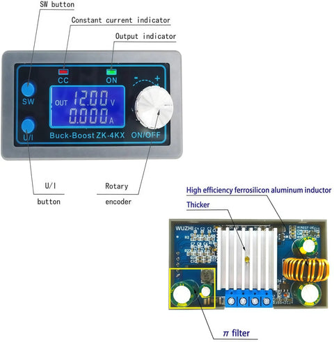 Front view of Dope Buck Boost Converter With CC CV Regulation showing display, rotary encoder, and labeled components.