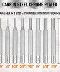 8 sizes of carbon steel chrome plated punches from 22-Piece Punch and Hammer Set With Interchangeable Hammer Heads, Steel Roll Pin Punch Set.